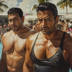 Create a hyper-realistic painting that depicts a muscular, sweat...