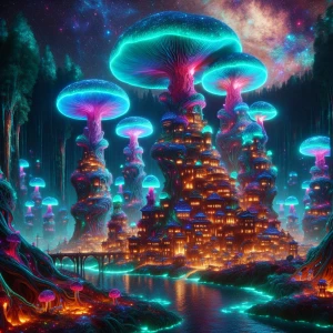 A sprawling, breathtaking mystic town nestled within a biolumine...