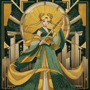 Create a cinematic portrait of a Sailor Moon–Geisha heroine in a...