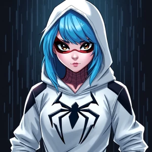 Spider-Gwen wearing a white hooded sweatshirt with a Spider-Man...