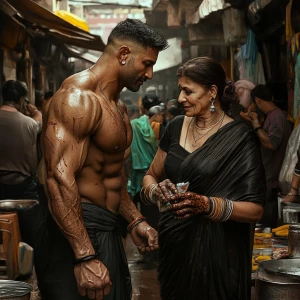 Hyperrealism fantasy photo , a muscular, sweaty criminal man wal...