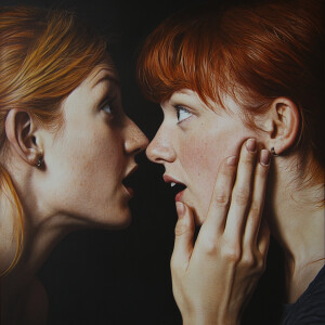 Create a highly detailed and realistic image of 2 women whisperi...