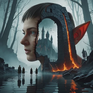 Elf with prominent
stitched face, and within the
Elf body, there is a
detailed scene of a dystopic 
castle by a cliff,
surrounded by tall
gates and lava. In this
scene, there's also 
smaller elves standing by
the castles edge,
reflecting in the lake.
The background is a
misty haunted forest, adding a
serene and mystic,ghostly haunting