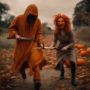 Pumpkin head monster man, dressed in rags, attacking beautiful s...