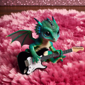 A baby dragon playing the electric guitar on a pink shag carpet.