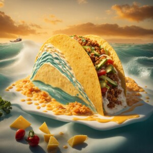 Design a maritime scene featuring a taco-shaped sailboat navigat...