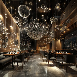 Design of a restaurant inspired from bubbles and lights and wood