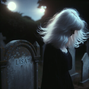A girl with white hair stands at night near a grave with the ins...
