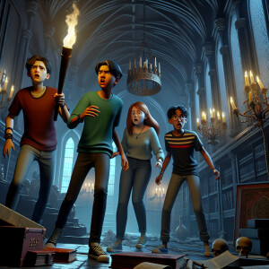 Four teenagers are in a dark scary mansion.