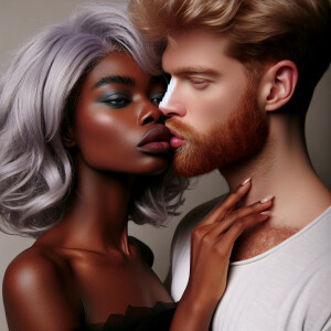 Zoë Kravitz with silvery lilac hair and blue eyes kisses Sam Heu...