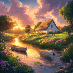 An anime-style scene set during a vibrant sunset. A cozy white c...