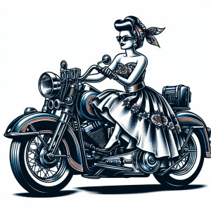 Pin up girl on a Harley Davidson bagger in an old school tattoo...