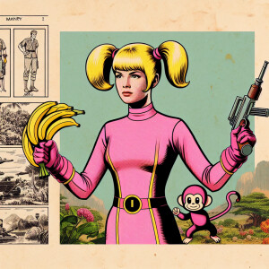 Comic book style blonde in pink unitard, pig tails. Has bananas...