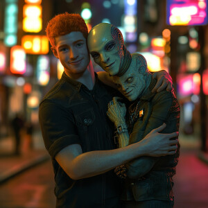 Capture a hyper-realistic image of a man and an alien man  in an...