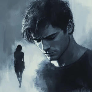 Generate an image depicting a forlorn man with an expression conveying deep sadness and disappointment. Behind him, illustrate a beautiful woman walking away, symbolizing the end of their romantic relationship.