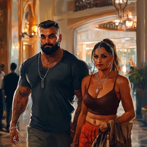 Realistic art style .A sweaty  man walking with his mother in la...