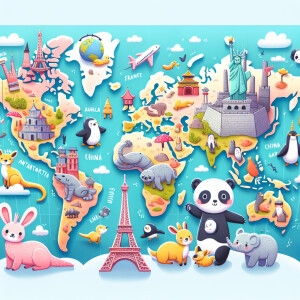 A whimsical map of the world with cute landmarks and animals