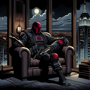 A comic book style illustration of a masked Jason Todd sitting i...
