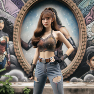 Attractive, Asian teenage girl, long brown hair and bangs, weari...