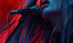 A woman with long blue hair and red eyes singing, super detailed...