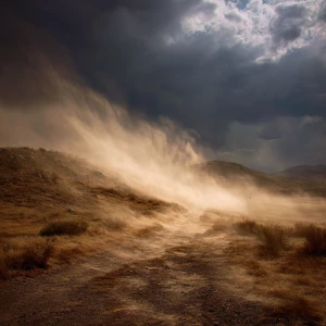 Harsh winds blow, dust clouds rise, and a storm approaches