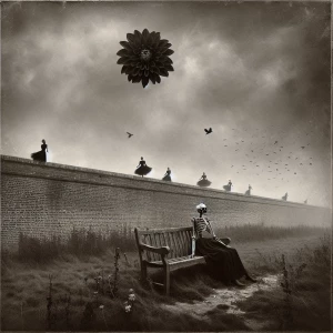 Generate a monochrome image of a desolate, grassy field enclosed...