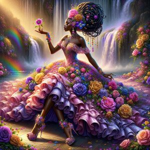 Remix Prompt
S/O Jackie Torres
S/O Panda Locke

create a animated style hyper realistic airbrush whimsical oil painting of a light African American woman wearing a flawless beautiful purple, pink, and gold blossom dress long flowing with colorful flowers and ruffles on the dress colorful jewelry made of flowers she has long black dreadlocks in a bun a colorful rose in her hair her peep toe shoes is matching her dress behind her is a beautiful waterfall liquid glowing lights beautiful colorful rainbow surrounded by beautiful roses.