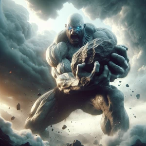 Create a hyper-realistic image of an enraged, colossal, bald gia...