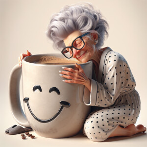 3d realistic image of a 60s grandma with tousled grey hair and b...