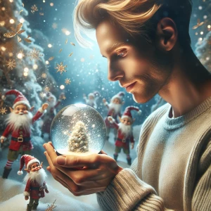 Christmas at the North Pole. Blonde man looking into magical sno...