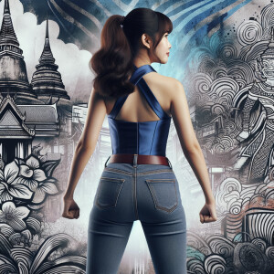 Attractive, Asian teenage girl, long brown hair and bangs, wearing tight skinny jeans and a halter top paint marks on her clothing, backside view heroic pose Asian graffiti