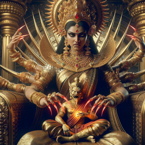portrait of angry looking, four-armed indian goddess sitting on...