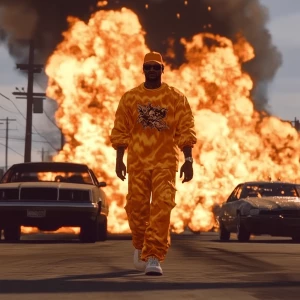 Fwog meme..walking away from cars exploding, 90's clothing, in G...