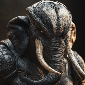 An anthropomorphic elephant  dressed in a fitted venom costume,...