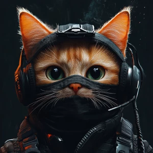A wide-eyed ginger cat wearing a black tactical balaclava (or ma...
