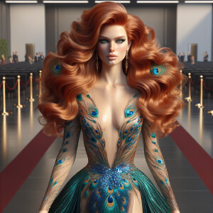 Photorealistic image of ginger haired woman attending gala in pe...