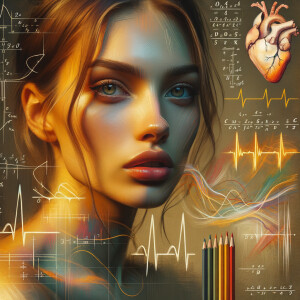 Abstract, minimalist, painting, with pencil line, paint stroke, gestures, colorful marks, mathematical equations, electrical cardiogram, printouts complex math formulas, dna asian teen girl