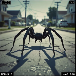 A high-angle surreal CCTV camera scene of a large spider creatur...