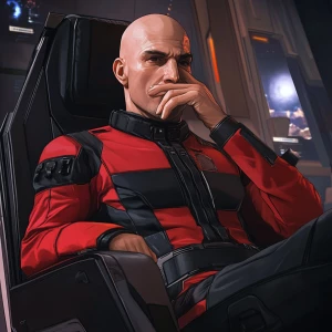 A bald male character with a serious expression, wearing a red a...