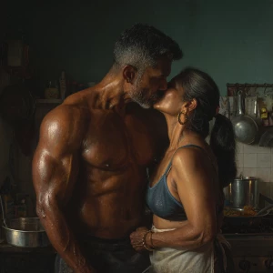 hyperRealism photo painting.a muscular sweaty indian employer ma...