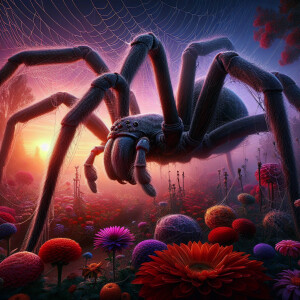 "Create a lifelike scene of a giant spider dominating a flower g...