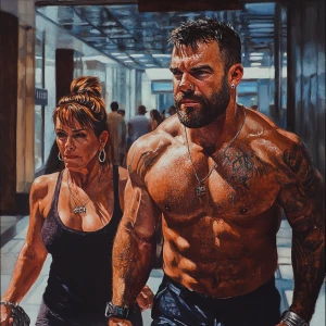 Hyperrealistic painting.A sweaty beefy man walking with his 54 y...