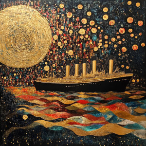 Titanic at dawn in the style of Gustav Klimt