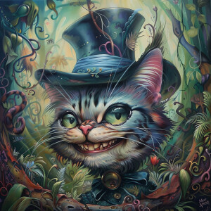 A mischievously grinning Cheshire cat, its enigmatic smile seemi...