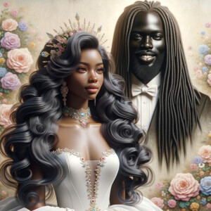 Create a 3-D realistic oil, painting of a beautiful African-American bride. She has long flooring, wavy hair and her gown has beautiful jewels around the neckline. in the background there is a beautiful African-American Jesus Christ with long dreadlocks, and he is smiling. He is very handsome pastel flowers throughout the image.