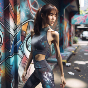 Very thin Athletic Thin skinny Attractive, Asian teenage girl, long brown hair and bangs, wearing tight skinny jeans and a halter top paint marks on her clothing, heroic sideways pose Asian graffiti background