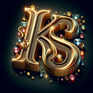 Create a 3-D realistic image with the letters  K.S. in gold raised letters , Add diamonds and colorful jewels