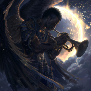 Black man angel looking at the earth with a trumpet