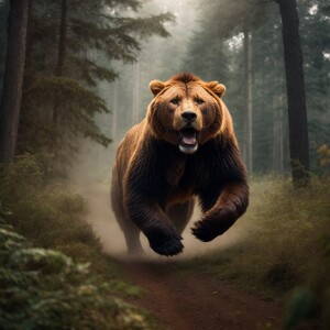 A GIANT BROWN BEAR RUNS AFTER A  LION  DEEP IN THE FOREST