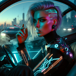 "A character portrait of a futuristic cyberpunk blonde woman wit...